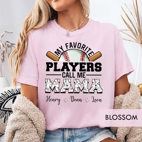 Personalized "My Favorite Players Call Me Mama" Baseball T-Shirt, Custom Kids Names Game Day Shirt