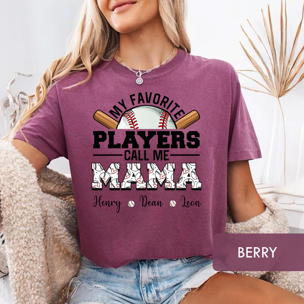 Personalized "My Favorite Players Call Me Mama" Baseball T-Shirt, Custom Kids Names Game Day Shirt