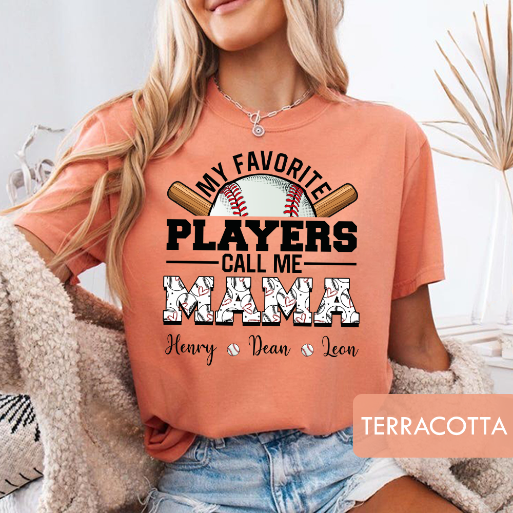 Personalized "My Favorite Players Call Me Mama" Baseball T-Shirt, Custom Kids Names Game Day Shirt